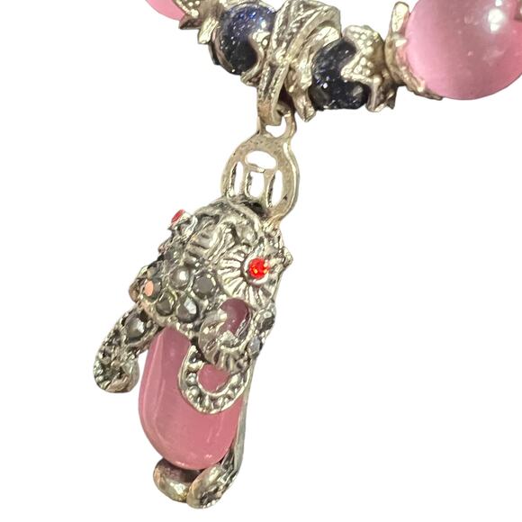 Vintage Style Pink Quartz & Blue Bead Necklace with Lucky Cat Pendant Charm - Picture 3 of 11